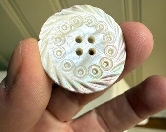 Antique Large Mother of Pearl Button Carved Shell 1-1/8” Smoky Edge Rainbow Sheen