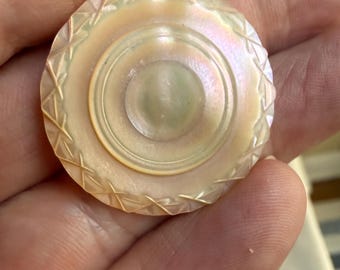 Antique 1.25" Carved Ocean Mother of Pearl Button, Brass Box Shank, 50 Ligne Iridescent Pink Purple Victorian Marine Shell MOP Button