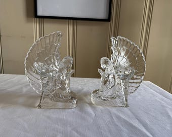 Pair 1989 House of Lloyd Glass Angel Candle Holders Vintage Kneeling Praying Figurines Tea Lignts