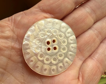 Antique Carved Mother of Pearl Button 1 3/8” Large Vintage Shell Button for Coats Jackets Sewing Haberdashery