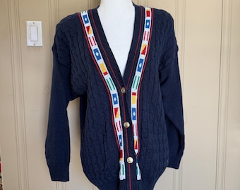 Vintage Bryn Connelly Navy Blue Cardigan | Nautical Flag Sweater | Cable Knit Cotton V-Neck | Coastal Grandma Aesthetic