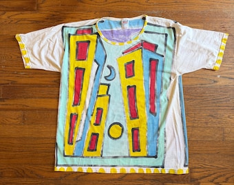 Vintage Myles Maillie Hand Painted Shirt | 90s Pop Art Graphic Tee | Wearable Art City Scene Skyline Tshirt | Unique Gender Neutral Top