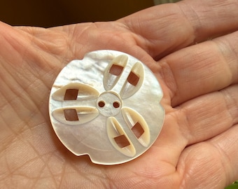 Antique Carved Mother of Pearl Button 1 3/8" Large Sand Dollar Starwheel Pierced Shell Edwardian Coat Button Early 1900s MOP