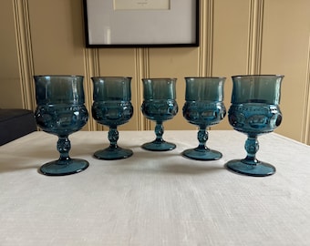 Vintage Indiana Glass Kings Crown Thumbprint Water Wine Goblets Glasses, Set of 5, Mid Century Teal Blue Drinkware, Retro Barware