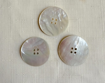 3 Antique 1.5” Mother of Pearl Buttons, Large Vintage Carved White Shell Coat Buttons with Natural Back Crust, Victorian Style 4-Hole MOP