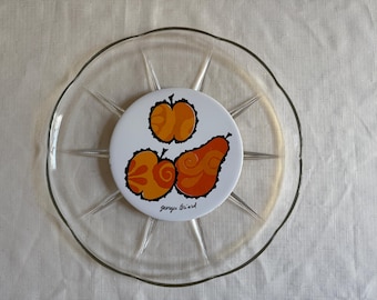 Vintage Georges Briard Glass Tray with Orange Fruit Tile, MCM 11.5" Serving Platter, Sunburst Starburst Pattern, Signed Mid-Century Modern