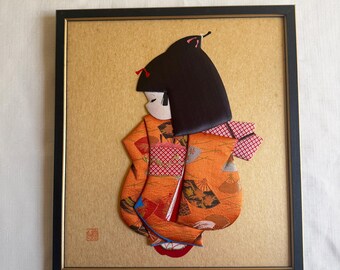 Vintage Japanese Oshie 3D Fabric Art, Framed Geisha Kimono Doll Collage on Gold Shikishi Board, Mid-Century Asian Textile Wall Decor