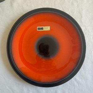 Vintage SIC Italian Pottery Chop Plate with label - Mid Century Modern Orange & Brown Glaze - Scuola Italiana Ceramiche Casale Monferrato