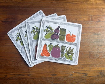 Vera Neumann Polypropylene Placemats Set of 4, 2010 Archival Reproduction Retro Vegetables, 15x15 Plastic Table Mats Mid Century Style