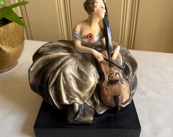 Vintage Guido Cacciapuoti Ceramic Lady Figurine Playing Cello, Mid Century Italian Art Pottery Sculpture, Signed Clay Made in Italy, Rare
