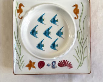 Rare Stangl Caribbean Seahorse Ashtray #3915 | Kay Hackett MCM Tiki Decor | Large 9" Square | Hand Painted Mid Century Modern