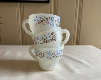 Termocrisa Milk Glass Tea Cups Mugs Blue Brown Floral Mexico Set of Three Vintage