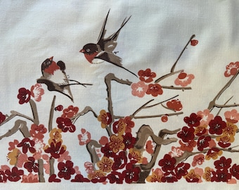 Vintage Cacharel Tablecloth and 6 Napkins Set, Japanese Bird and Cherry Blossom Design, Chinoiserie Dining, Rusty Red & Tan