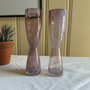 Pair Vintage Hand Blown Glass Purple Swirl Enesco Japan Vases
