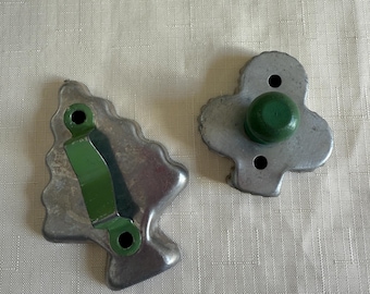 Vintage Aluminum Cookie Cutters with Jadeite Green Handles - Set of 2 - MCM Christmas Tree & Fluted Club - Retro Kitchen Baking Decor