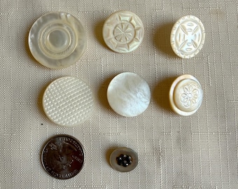 7 Antique Mother of Pearl Buttons Lot, Victorian Edwardian Carved Shell Coat Buttons, Geometric Raised Rosette Waffle Steel Cup Mixed Media