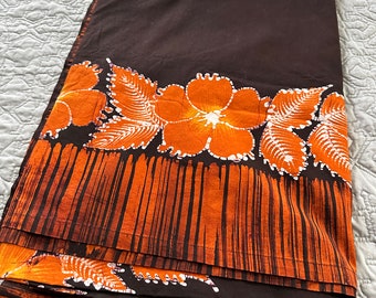 Batik Hawaiian Tablecloth Tapestry Orange Hibiscus Dark Brown Black 60 x 84 inches