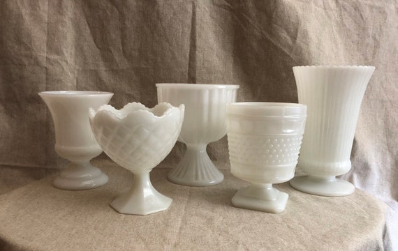 5 Vintage Footed Milk Glass Vases Vessels Candy Dish Compote Etsy