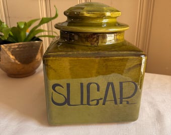Vintage 1970s Holiday Designs Sugar Canister - Green Drip Glaze Ceramic - Retro MCM Kitchen Storage - Made in USA