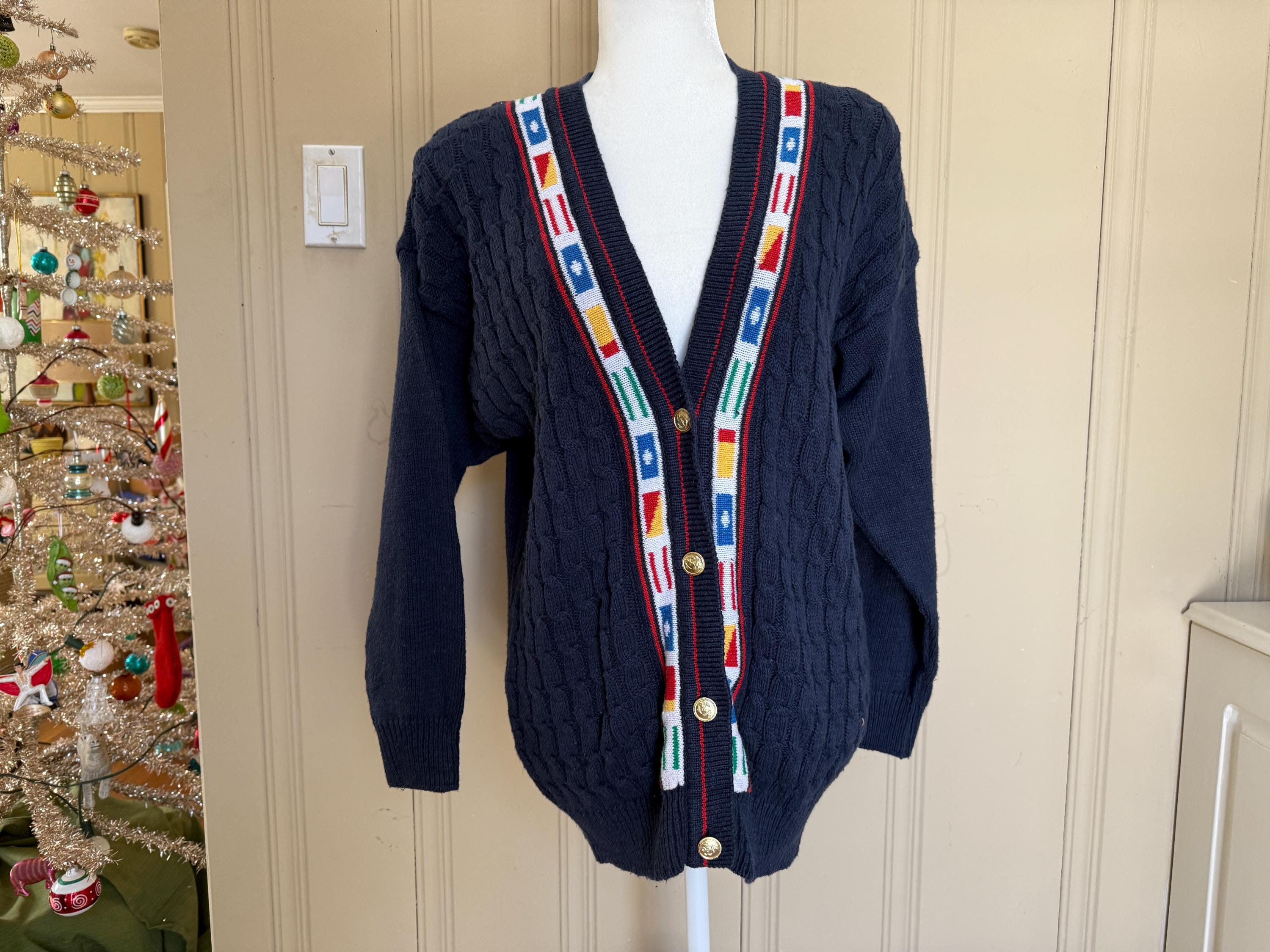Vintage Bryn Connelly Navy Blue Cardigan | Nautical Flag Sweater 