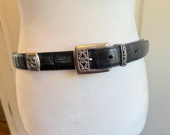 Vintage 90s Brighton Black Croc Embossed Leather Belt, Silver Filigree Western Buckle, Made in USA Statement Accessory, Size Large 24303