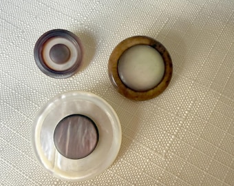 Lot of 3 Antique Smoky Mother of Pearl Buttons, Vintage Victorian Horn & Shell Coat Buttons, 4 Hole Box Shank 1.25" Outerwear