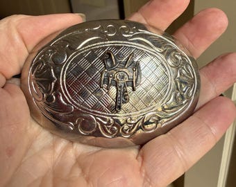 Silver Oval Western Belt Buckle with Raised Saddle Emblem, Made in USA Cowboy Belt Buckle, Western Wear Accessory
