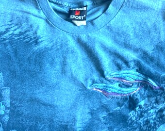 90s Signal Sport Dolphin All Over Ocean Underwater Print Embroidered Blue sz Large