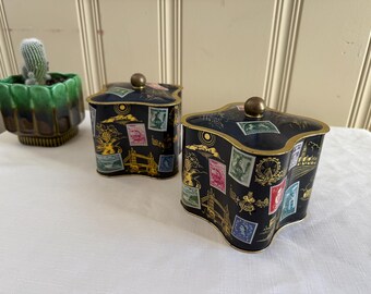 Set of 2 Vintage West Germany Metal Tins | International Postage Stamps & Gold Travel Scenes | MCM Biscuit Tins | 4x6 Retro Storage