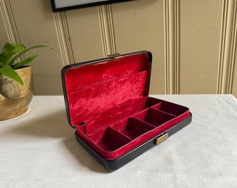 Vintage Buxton Black Leather Jewelry Case Travel Valet Box with Red Interior Genuine Saddle Cowhide Mid Century Men's Dresser Case
