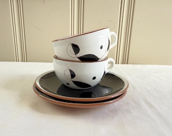 Set of 2 Stangl Lyric Flat Cups and Saucers | Rare Hard to Find MCM Sgraffito | Pattern 3940 | 2 1/8” Mid Century Modern Coffee Tea Set