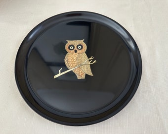 Couroc Owl Plate Round Gold Wood Inlay Couroc of Monterey Mid Century Modern MCM