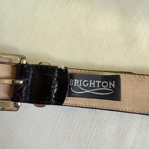 Może przedstawiać: Czarny sk&oacute;rzany pasek ze srebrną klamrą. Pasek ma teksturowany wz&oacute;r przypominający krokodyla. Nazwa marki "BRIGHTON" jest wyświetlana na czarnej etykiecie.