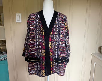 Vintage 70s Sears Boho Kimono Top, Tribal Geometric Print Cotton Smock, Hippie Artsy Oversized Blouse, Retro Flare Sleeve Festival Shirt
