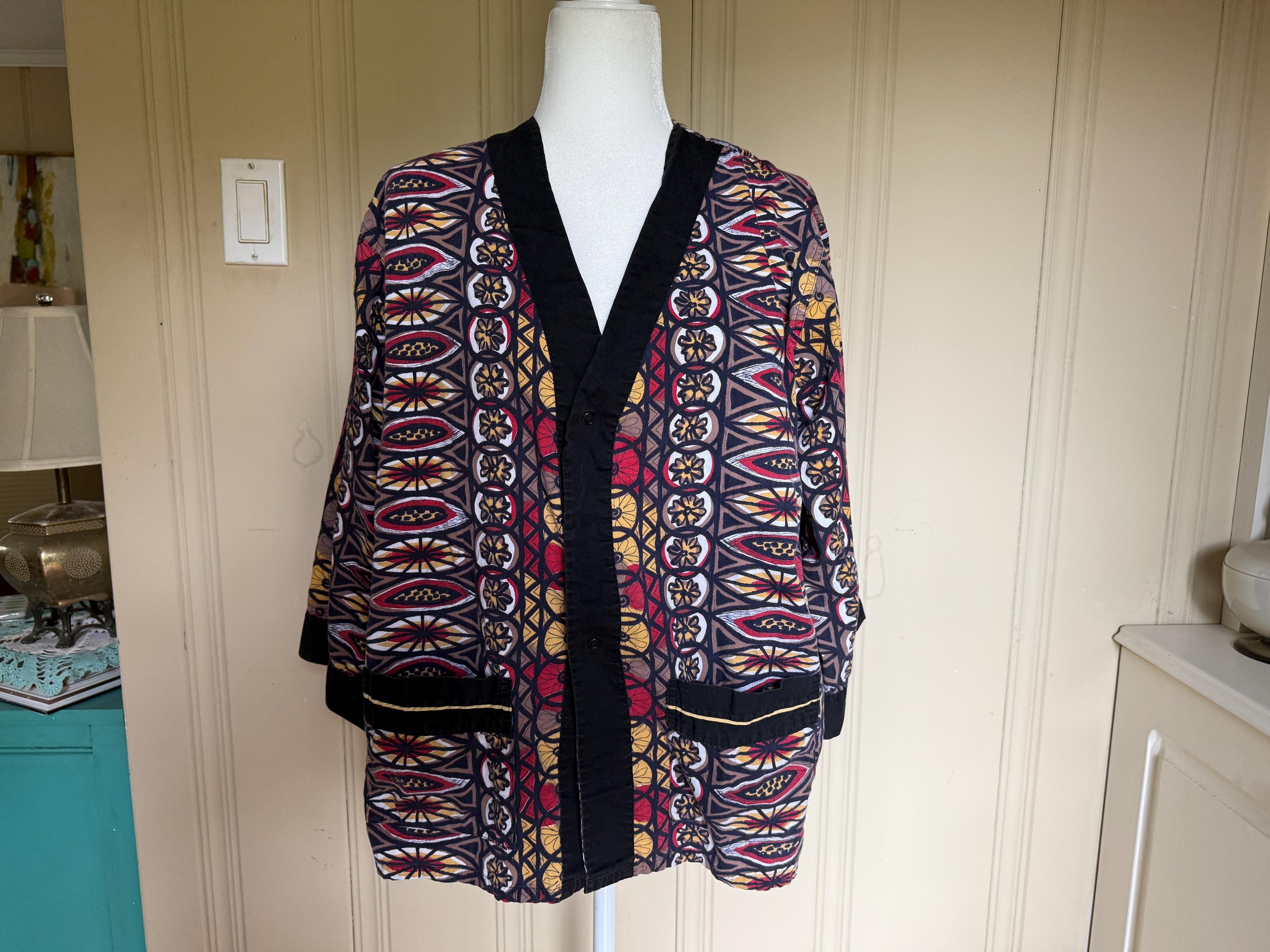 Sears Roebuck, Vintage 70s Sears Boho Kimono Top, Tribal Geometric Print Cotton Smock, Hippie Artsy Oversized Blouse, Retro Flare Sleeve Festival Shirt