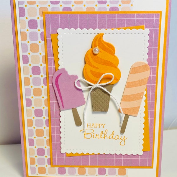 Cute Ice Cream Cone Card - Happy Birthday Card - Hand Stamped Popsicle Card - Embellished Bday Card - Birthday Card in Purple and Orange