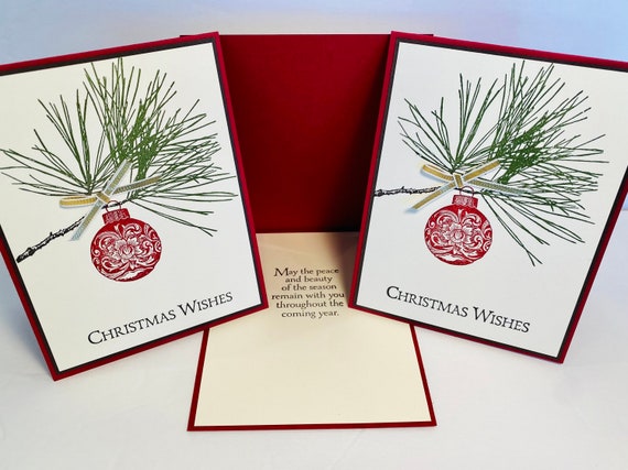 Beautiful Christmas Card Set - Hand Stamped Christmas Cards with Pine Branch and Ornament - Handmade Stampin Up Christmas Card Set of Three
