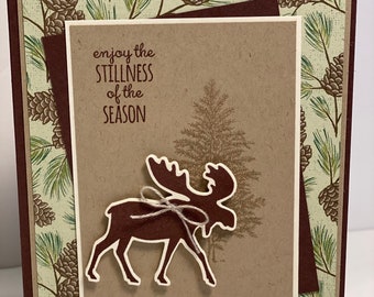 Happy Holiday Card - Christmas Card - Hand Stamped Holiday card with Moose - Nature Holiday Card - Christmas Card with Pine cones