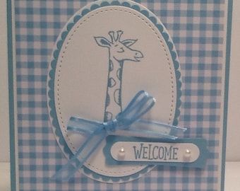 New Baby Card - Baby Giraffe Card - Welcome Baby Card - Baby Boy Congratulations Card - Handmade Embellished Layered Stampin Up Card