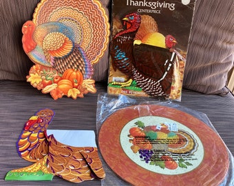 Thanksgiving or Halloween Die Cut, Tissue Paper Honeycomb, Placemats, Turkey, Owl, Raccoon, Pumpkin, Cat, Flocked, Teddy Bear, Acorns, Bats