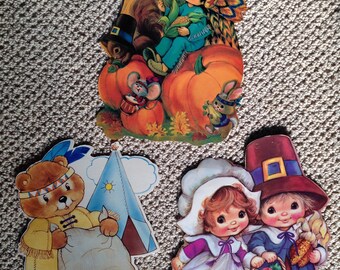 Thanksgiving, Beistle, Eureka, Pilgrim Couple, Jointed Boy or Girl, Pumpkin, Native American Bear or Boy, Squirrel, Mouse, DieCut Card Stock