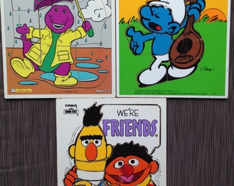 PLAYSKOOL Toddler Jigsaw PUZZLES, Wood Frame Tray, Barney Purple Dinosaur, Bert & Ernie, Smurf, School Bus, Baby Tiger, Puppy Love, Dog, Vtg