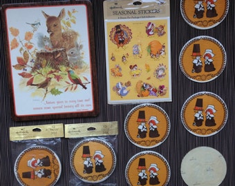 Hallmark Stickers, Coasters, Thank You Thanksgiving, Pilgrims, Squirrel, Mouse, Turkey, Pumpkin, Holiday Table Decorations, Autumn, MOREHEAD