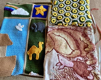 Noah's Ark Afghan, Daisy Afghan, Winnie the Pooh Woven Afghan, Baby Blanket, Crochet, Piglet, Giraffe, Elephant, Rainbow, Vintage