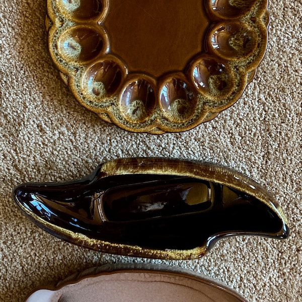 Brown Drip Glaze Pottery, Mid Century Frankoma #205 Plainsman 10" Oval Baker Dish,  Deviled Egg Plate, Small Oval Serving Dish/Bowl/Vase