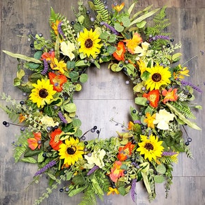 Large Bright Poppies and Sunflower Wreath. Spring-Summer