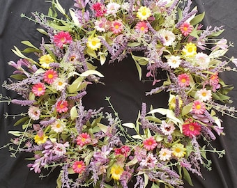 Reduced. Large- 24 inch,   Lavender and Heather Garden Wreath with Bright Daisies.