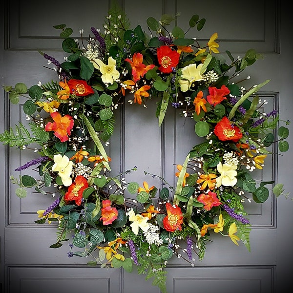 Reduced Spring-Summer,Poppies and Eucalyptus Wreath