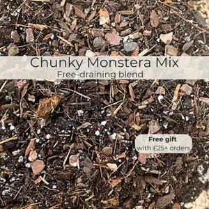 May include: A close-up of a chunky Monstera mix, a free-draining blend for plants. The mix includes dark brown bark, light brown wood chips, and white granules. Text reads "Chunky Monstera Mix" and "Free-draining blend".
