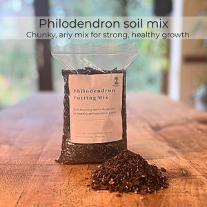 May include: A transparent plastic bag of Philodendron potting mix with a small pile of soil beside it. The bag has a label with the text "Philodendron Potting Mix" and "Chunky, airy mix for strong, healthy growth."